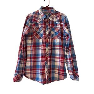 BKE Western Pearl Snap Red White Blue LS Shirt Men's Medium Cowboy Southwest